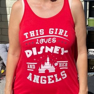 Red tank that says “This girl loves Disney and her Angels”